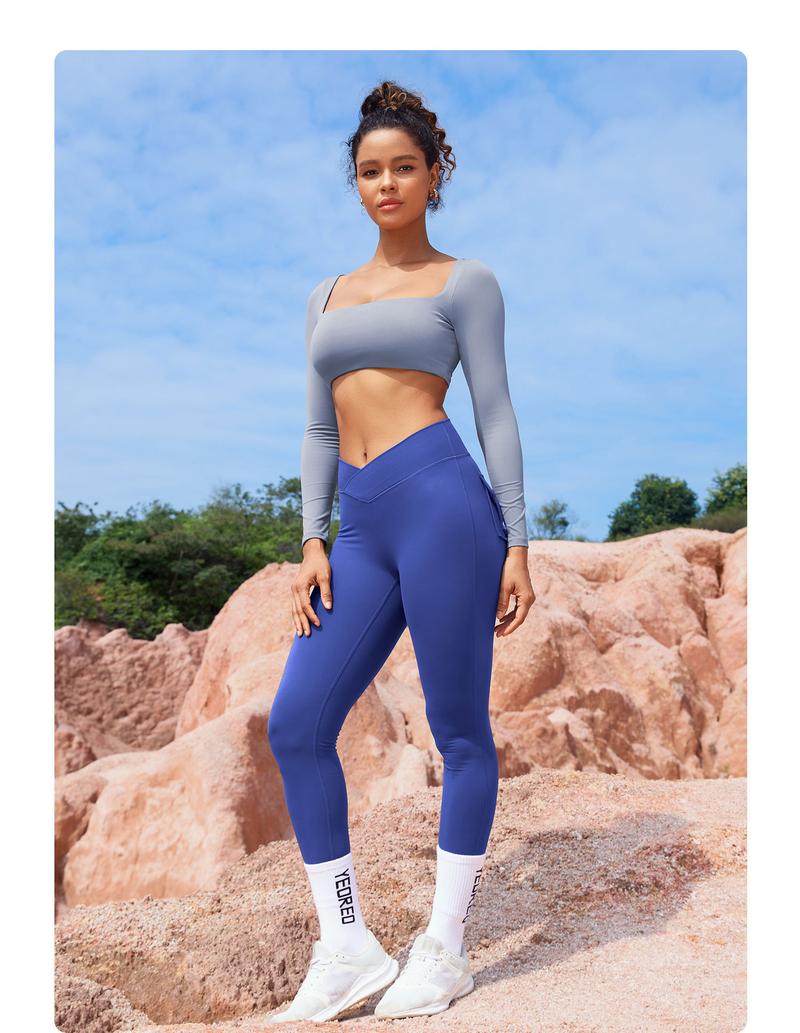 YEOREO CoreFlex Leggings with Pockets for Women Charm Scrunch Workout Leggings V Cross Waist Butt Lifting Gym Yoga Pants