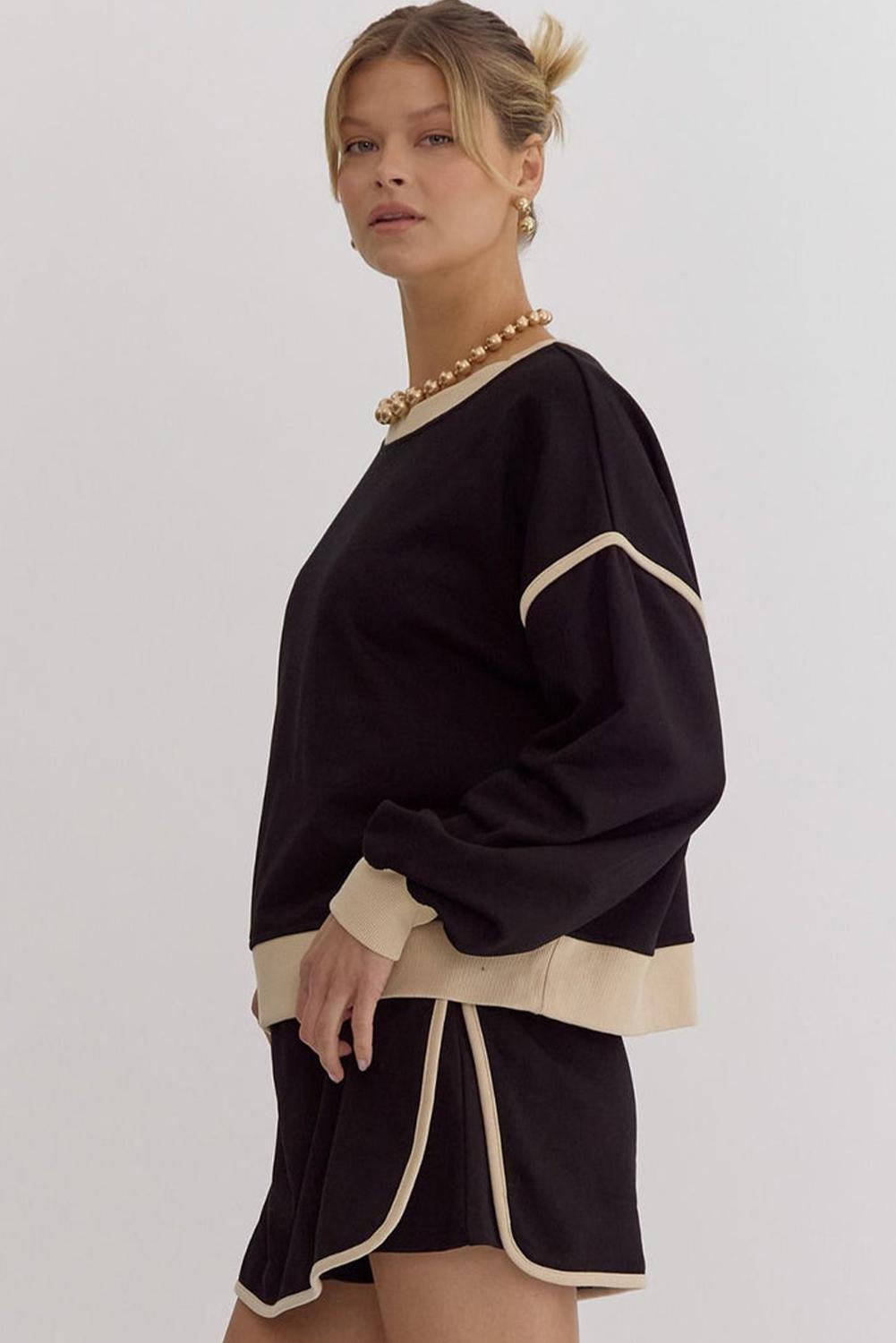 Mntaor Women's Contrast Loose Winteroutfit Long Sleeve Pullover and Lace-Up Waist Skort Set-Comfortable Fit for Chic Occasions Womenswear Outfit