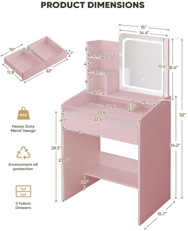 WeCharmer Vanity Desk Set with Square Mirror, 23.62''D x 15.74''W x 53.93''H, Includes 2 Drawers, 3 Storage Shelves & 2 Closed Storage Dividers Furniture Bedroom Modern Table White Organization Aesthetic Design Minimal
