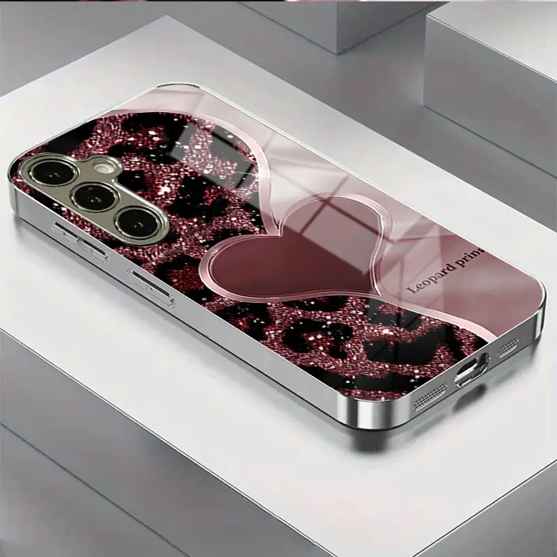 Multi-Model Shockproof Smartphone Case - Protective Handheld Casing & Cover for Samsung Galaxy S20-S25 Plus, A54-A56 - High-End Leopard Print Heartbeat Electroplated Glass Anti-Drop Phone Accessory