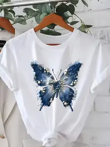 Plus Size, Summer Gradient Butterfly Print T-shirt, Fashionable Plus-size Women's Clothing