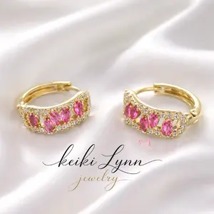 14k Gold Plated Small Hoop Zirconia Earrings - Pink or Green Gold with Sparkling Accents