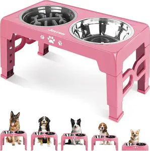 Adjustable Elevated Dog Bowls with Stainless Steel & Slow Feeder – 5 Height Raised Non-Slip Dog Feeder Stand for Small, Medium & Large Dogs