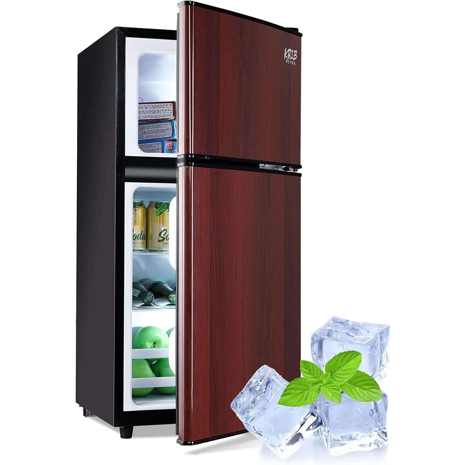 KRIB BLING 3.5 Cu.ft Retro Look 2-Door Wooden Finish Mini Home Refrigerator with Freezer-on-Top - Left/Right Open, Removable Glass Shelf, Energy-Saving, 7-Level Temp Control, Beverage Refrigerator, More Room for Dormitories, Household Use, Bedroom Fridge,