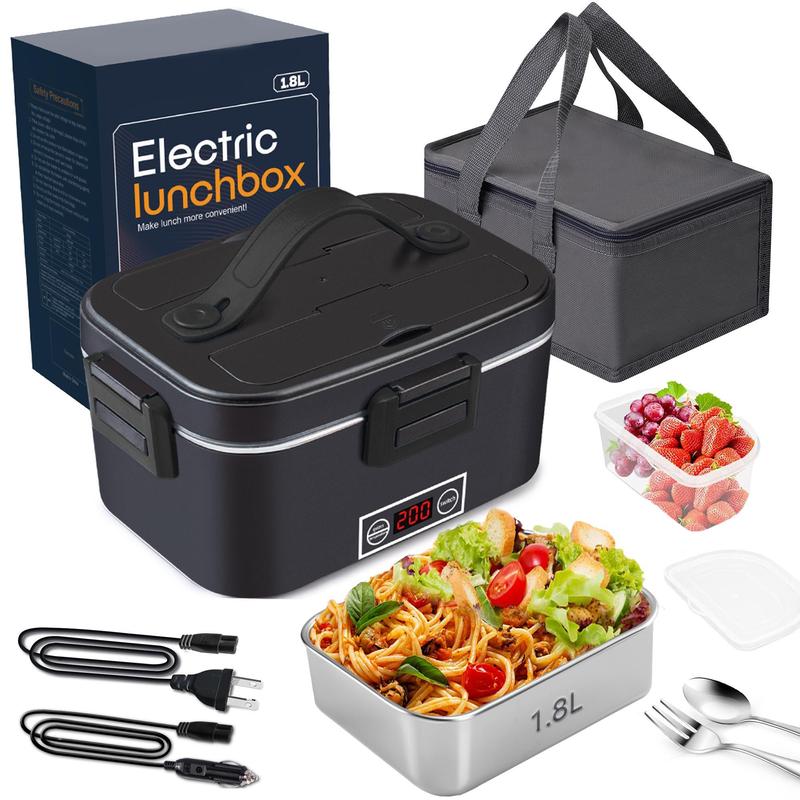 Black Square Digital Display Electric Lunch Box 80W High Power 1.8L Food Grade Stainless Steel Multi Voltage 12V24V110V Portable Sealed for Car Office Outdoor Picnic Camping