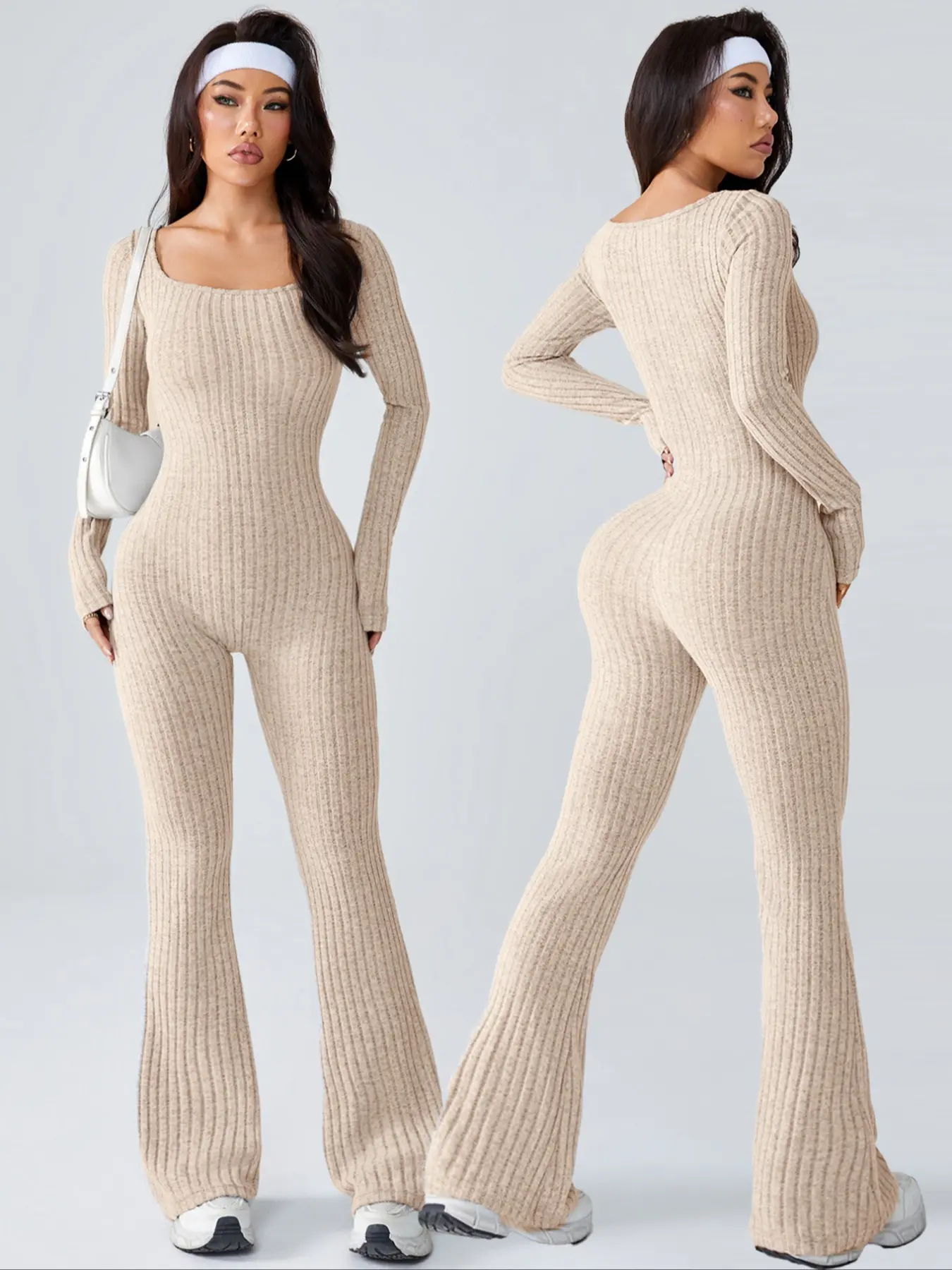 Seamless Knitted Yoga Activewear Stretchy Jumpsuit for Women, Yoga Jumpsuits, U-Neck Long Sleeve, Slim Fit Short Leggings, Casual Fashion Clothing for All Seasons