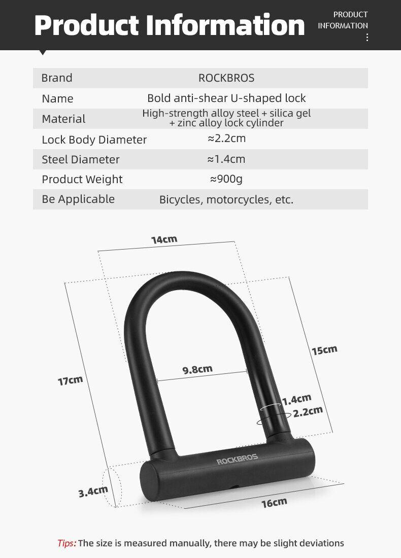 ROCKBROS Heavy Duty Anti Theft Bike Lock U-lock 4 ft  for Bikes eBikes Motorcycles Scooters