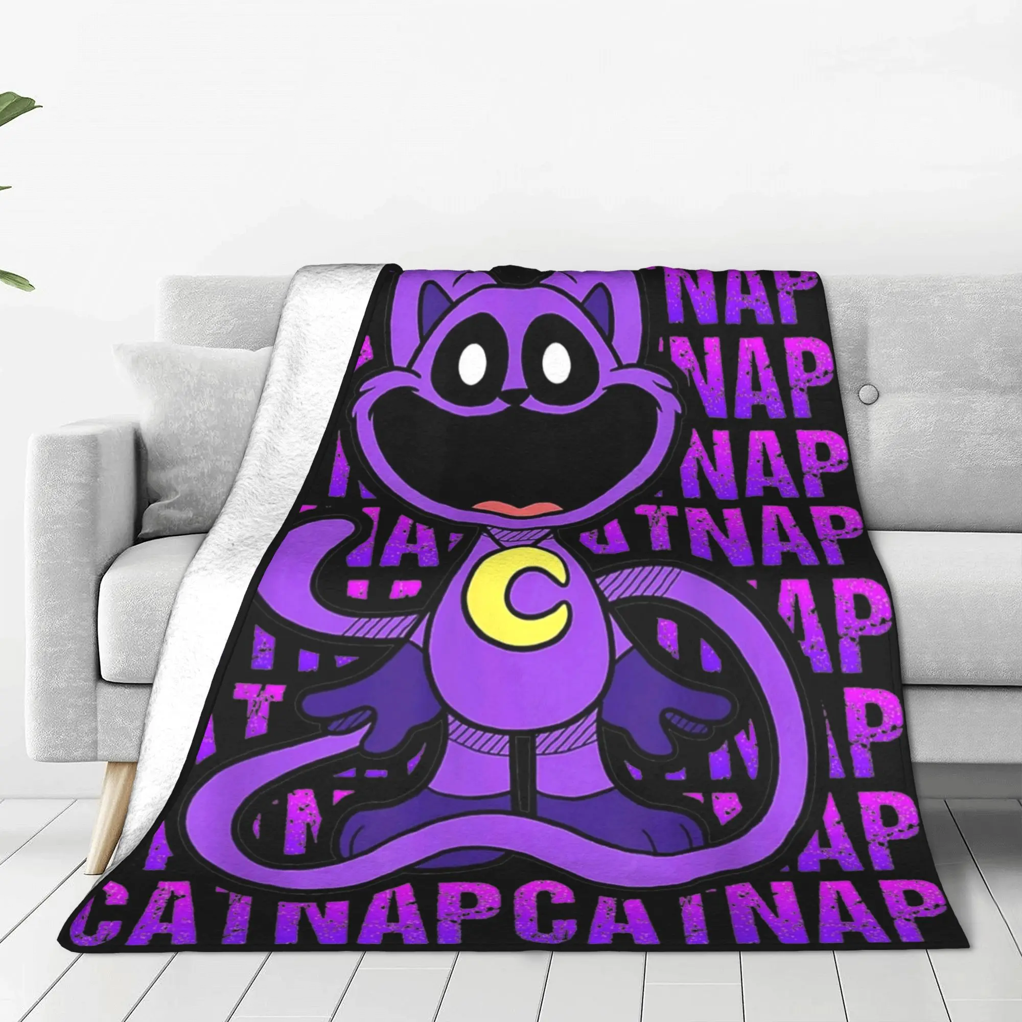 Premium Fleece Flannel Smiling Catnap Throw Blanket - Soft Warm, Lightweight, Cartoon Pattern - Bed Sofa Use, Thanksgiving Decor, Bed Sofa Blanket, Cartoon Pattern Blanket