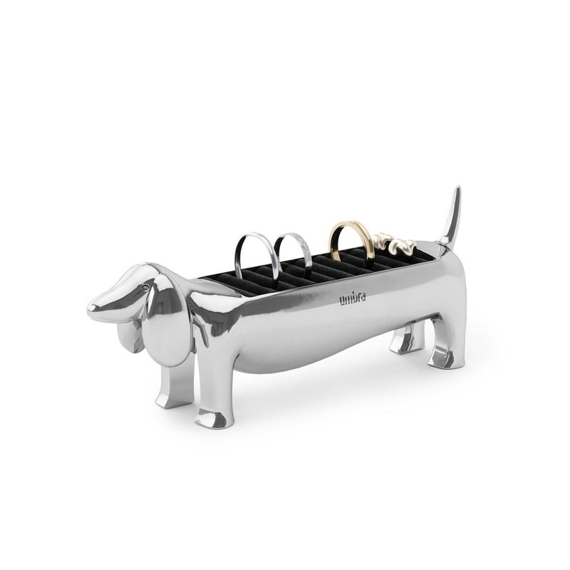 Umbra Dachsie Ring Holder - Holds Up to 10 Rings, Polished Metallic Finish, Velvet Padded Base, Jewelry Storage Organizer for Dog Lovers
