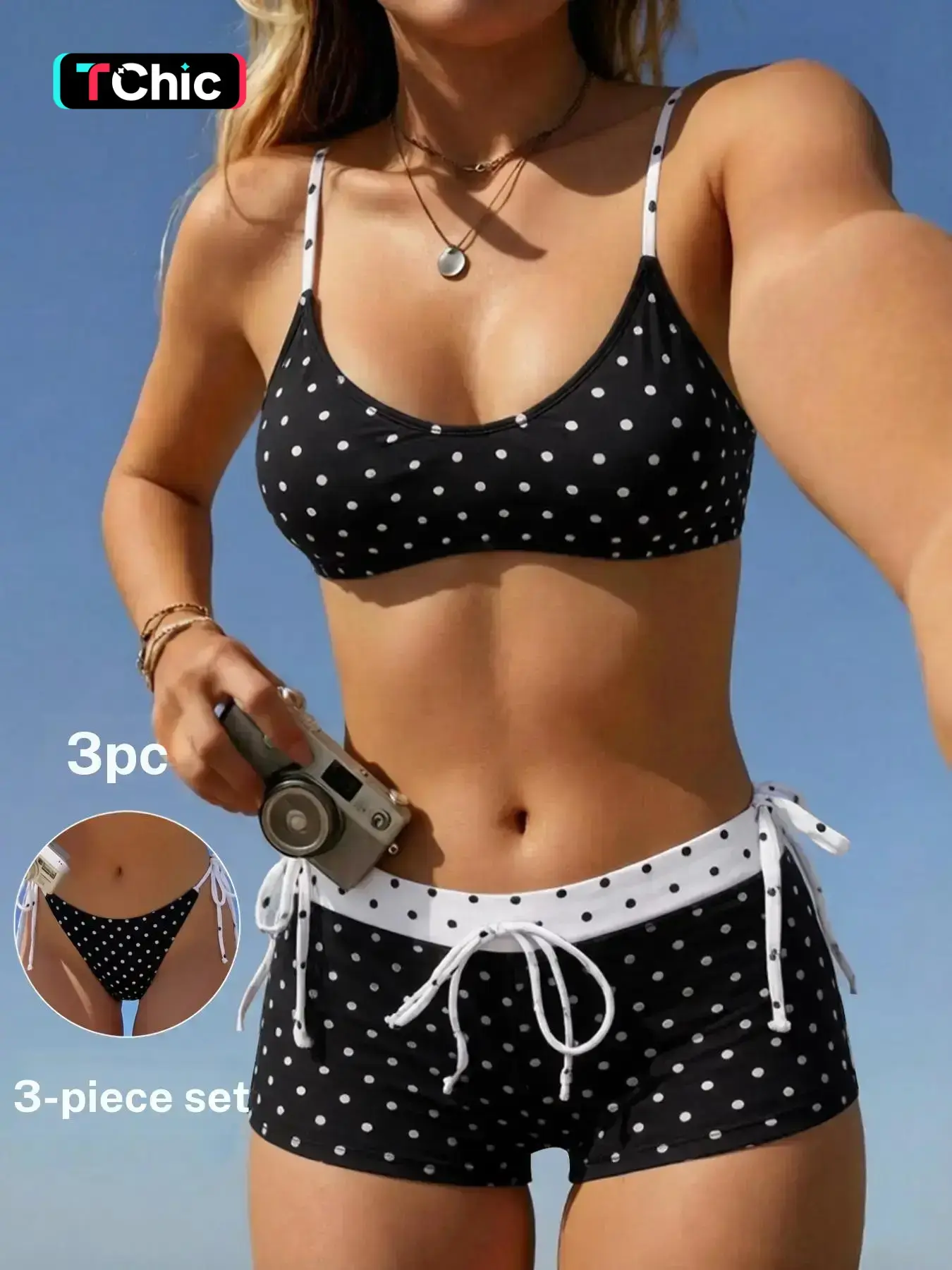 Vintage Polka Dot Women's Sexy Bikini U-Neck Halter Swimsuit with Tie Back Shorts, Summer Beach Resort Fashion Swimwear, Beachwear Swimsuit, Swimwear Sets