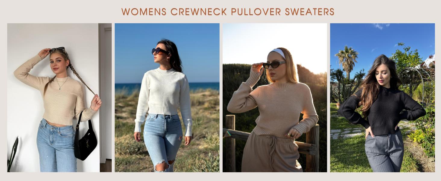 Women's Fall Crewneck Cropped Sweater Trendy Long Sleeve Ribbed Knit Pullover Jumper Tops