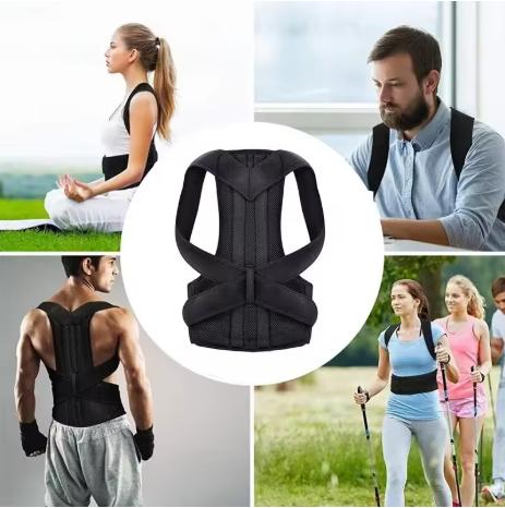 Reinforced lumbar posture correction vest, with adjustable back support straps, shoulder and spine support, and neck stretching device.