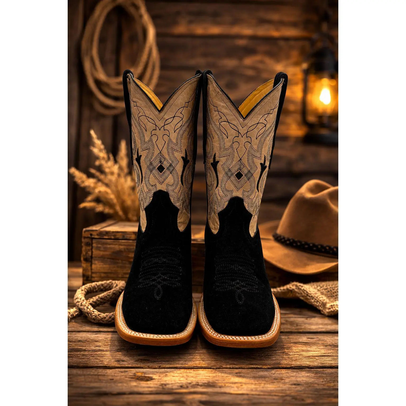 Black Roughout Square Toe Cowboy Boots 262362