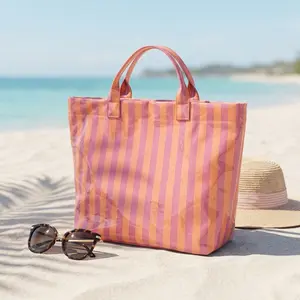 Striped Tote Bag Waterproof PVC Easy-Wipe Lightweight Handbag Large Capacity Shoulder Bag for Travel and Daily Use All Season Beach Tote 17.32"×12.2"×4.92"
