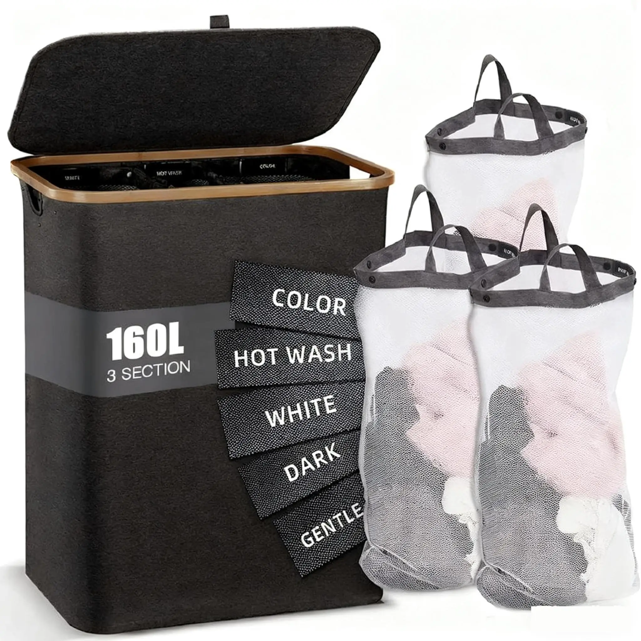 Extra Large 160L Bamboo Laundry Hamper Foldable 3 Mesh Breathable Bags Dirty Clothes Storage Organizer for Dormitory Home Bedroom Laundry Room