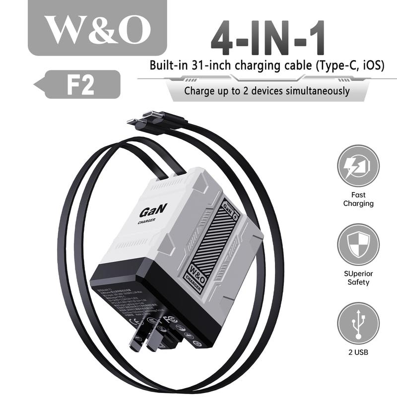 W&O 4-in-1 Portable GaN Fast Charger  Compatible with 120W Fast Chargeing with Retractable Cable USB-C & Lightning Usb Connector iphone 16 plus cases smart watch iphone 15 pro max earbuds portable charger chargers android phones power bank power bank
