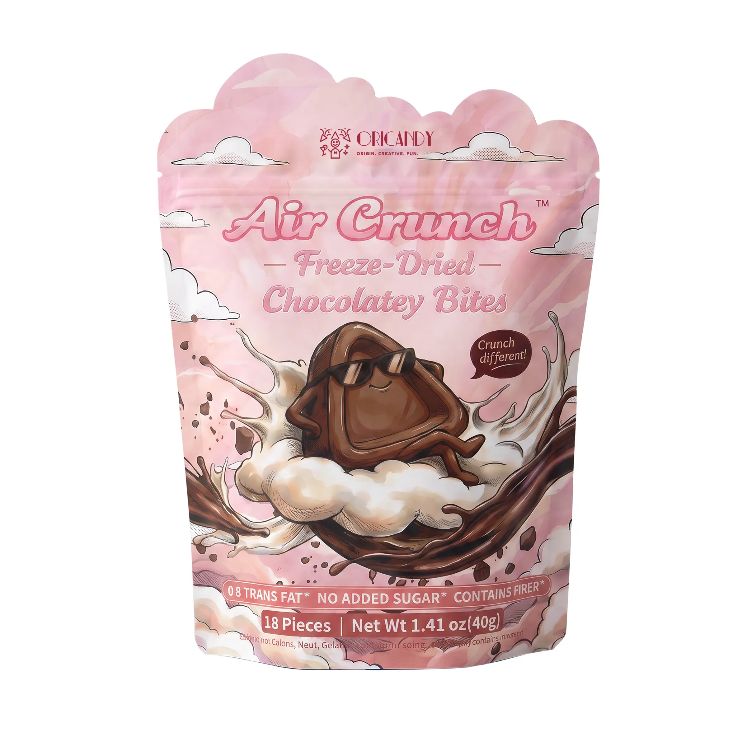 ORICANDY Air Crunch Crispy Dark Chocolate Bites with Prebiotic Inulin & Resistant Dextrin, Rich Cocoa Snack, Resealable Pouch, 18 Pieces, 40g, Inulin Blend