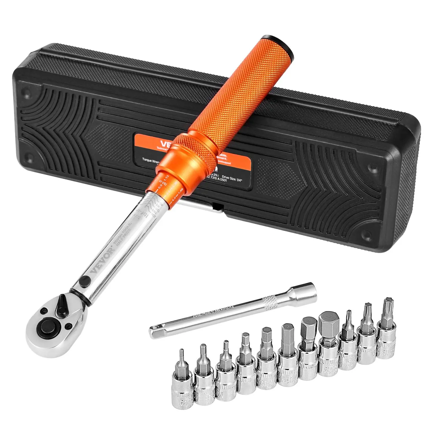 VEVOR 1/4-Inch Drive Alloy Steel Ratchet Torque Wrench Set, 20-200lbf-in/2.3-22.6N.m, 72-Tooth Reversible Head, ±3% High Precision, Easy to Read Dual Range Scale, Rustproof Chrome, Bit Sockets & Extension Bar Included, Orange, for Bicycle Repair, Heavy Du
