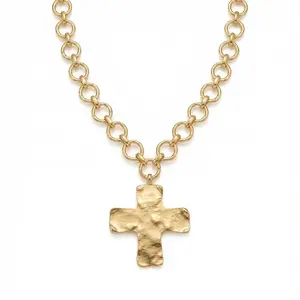 Gold Chunky Cross Necklace for Women Statement Hammered Pendant Layered Design Vintage Toggle Clasp Jewelry Easter Gift