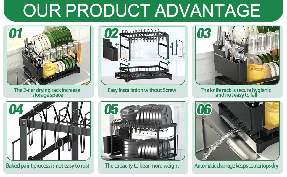 Double-Layer Kitchen Countertop Drain Rack,Dish Drying Rack Dish Drying Organiser,Metal Material, with Drain Board, Can Hold Tableware, Carbon Steel Material, Kitchen Storage Rack,Mother's Day Gift,Black