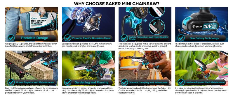 [ Valentine's Day gifts ] Saker Mini Chainsaw - Portable Electric Cordless Pruning Saw with Upgraded Copper Motor,20V 1500mAh Rechargeable Battery, Lightweight Design Springtok Tool Kit Cutting