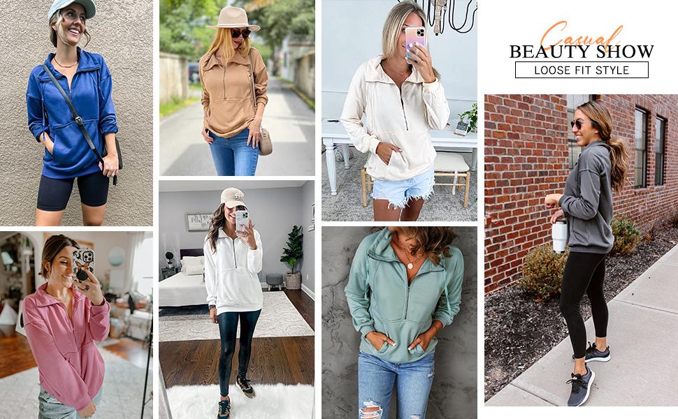 PrettyGarden Women's Casual Long Sleeve Lapel Zipper Sweatshirt Drawstring Loose Pullover Tops Fall Sweater-Womenswear Cotton Fabric