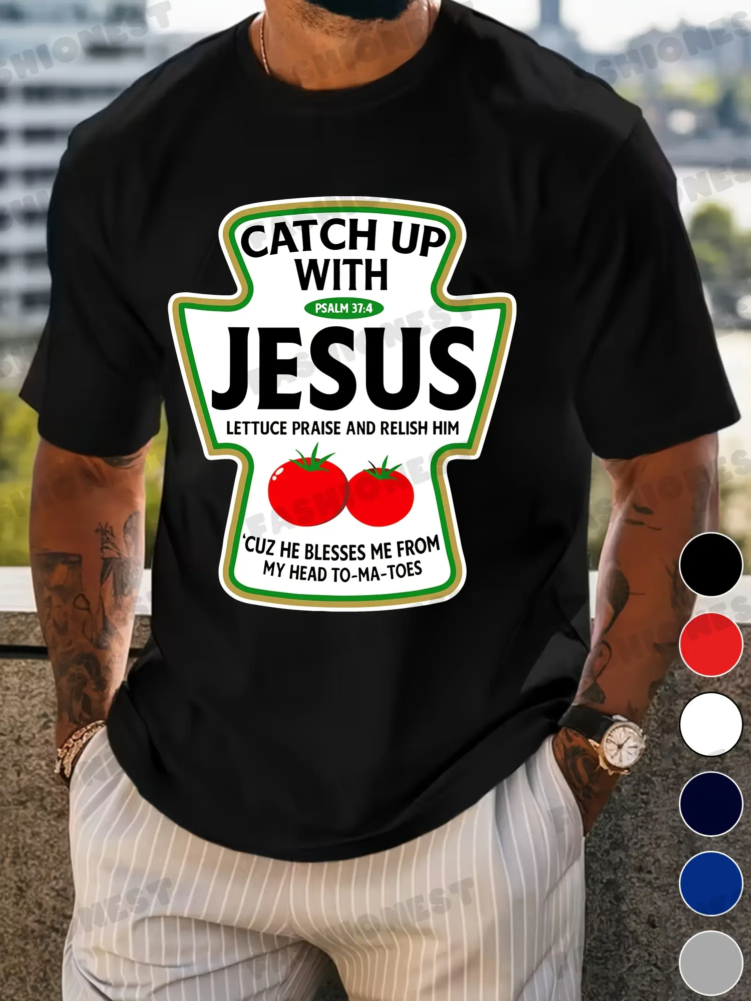Catch Up T-Shirt - Funny Christian Religious Sarcastic Humor Tee - Shirt with Green Bible Verse Design - Heavyweight  Casual Round Neck Short Sleeve Shirt for Church, Casual Attire - Thanksgiving & Christmas Gifts for Men, Women