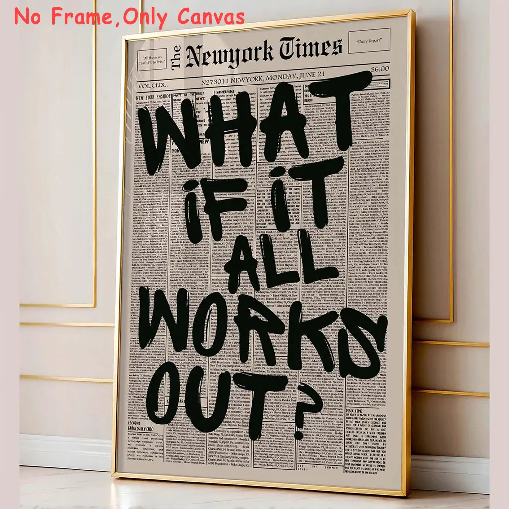 Retro What If It All Works Out Newspaper Canvas Poster Typography Trendy Wall Art Motivational Digital Print Waterproof Solid Wood Frame
