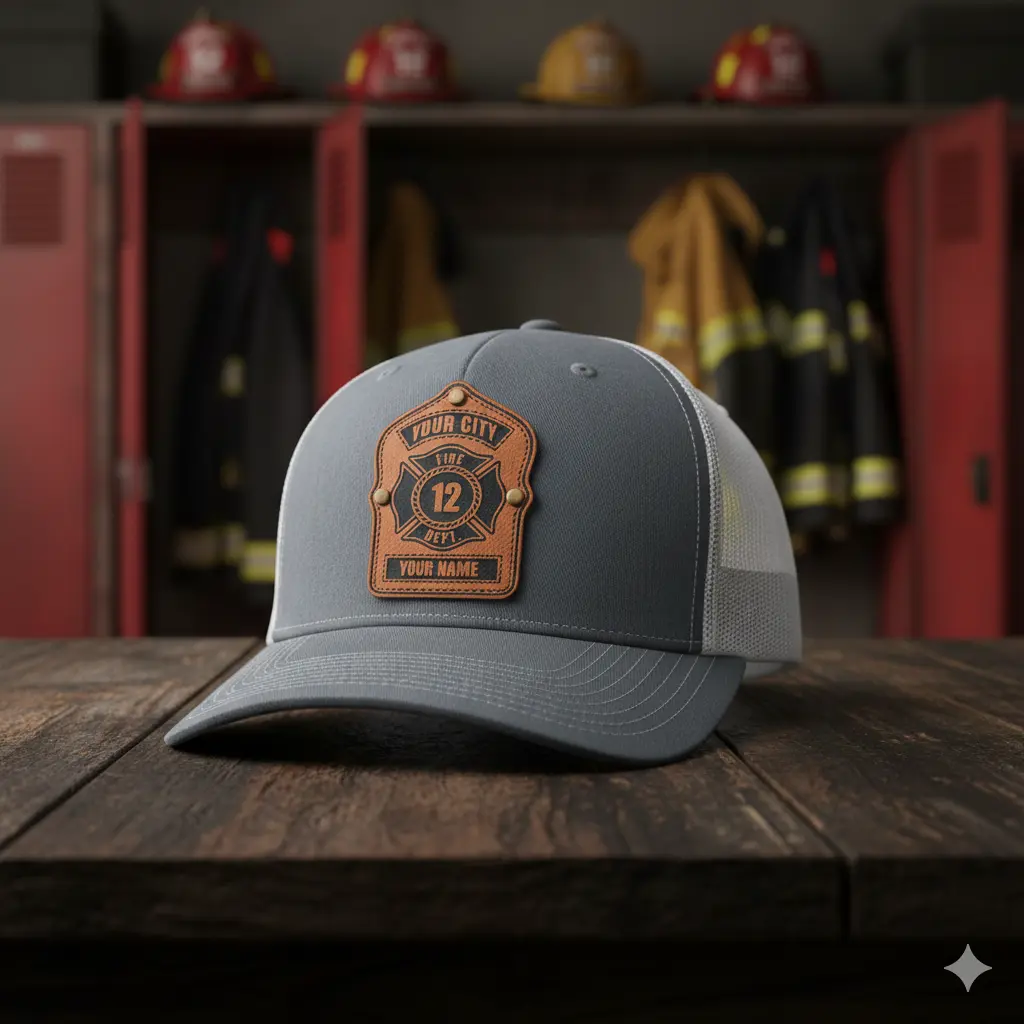 Custom Firefighter Leather Patch Hat | Personalized Fire Department Trucker Cap with Name, City & Number | First Responder Gift