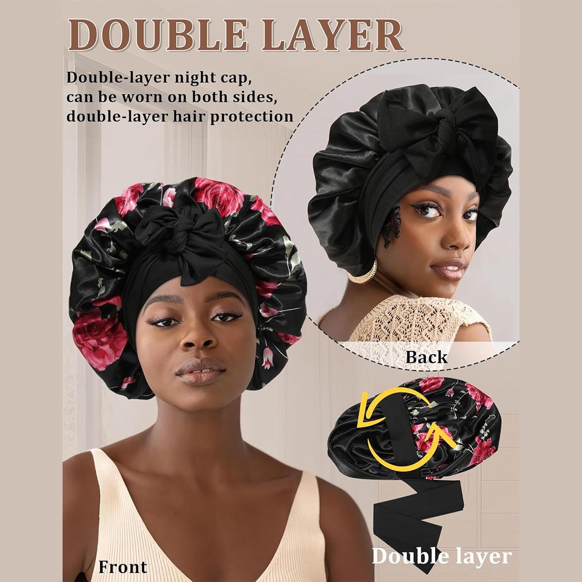 Double Layer Satin Bonnet for Sleeping Cap Women Reversible Hair Bonnets with 2PCS Hair Scrunchies Elastic Tie Band Nightcap Gifts for Women