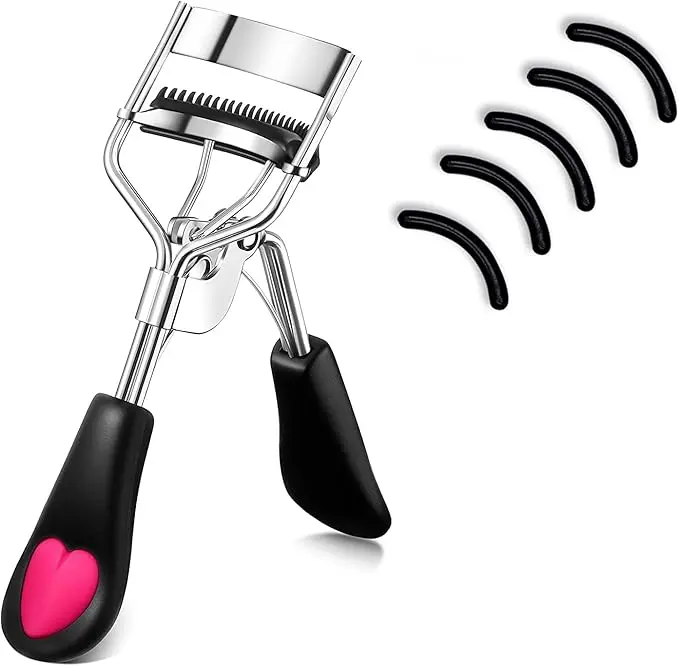 Stainless Steel Eyelash Curler with Lash Comb & 5 Silicone Refill Pads - Ergonomic Handle, Pain-Free Grip, Lashes Lifting, Clean Spacing, Defined Finish, 1.13 Oz, For All Eye Shapes, Beginners, Everyday Beauty Routines, Silicone Pads, Clean Lash Spacing