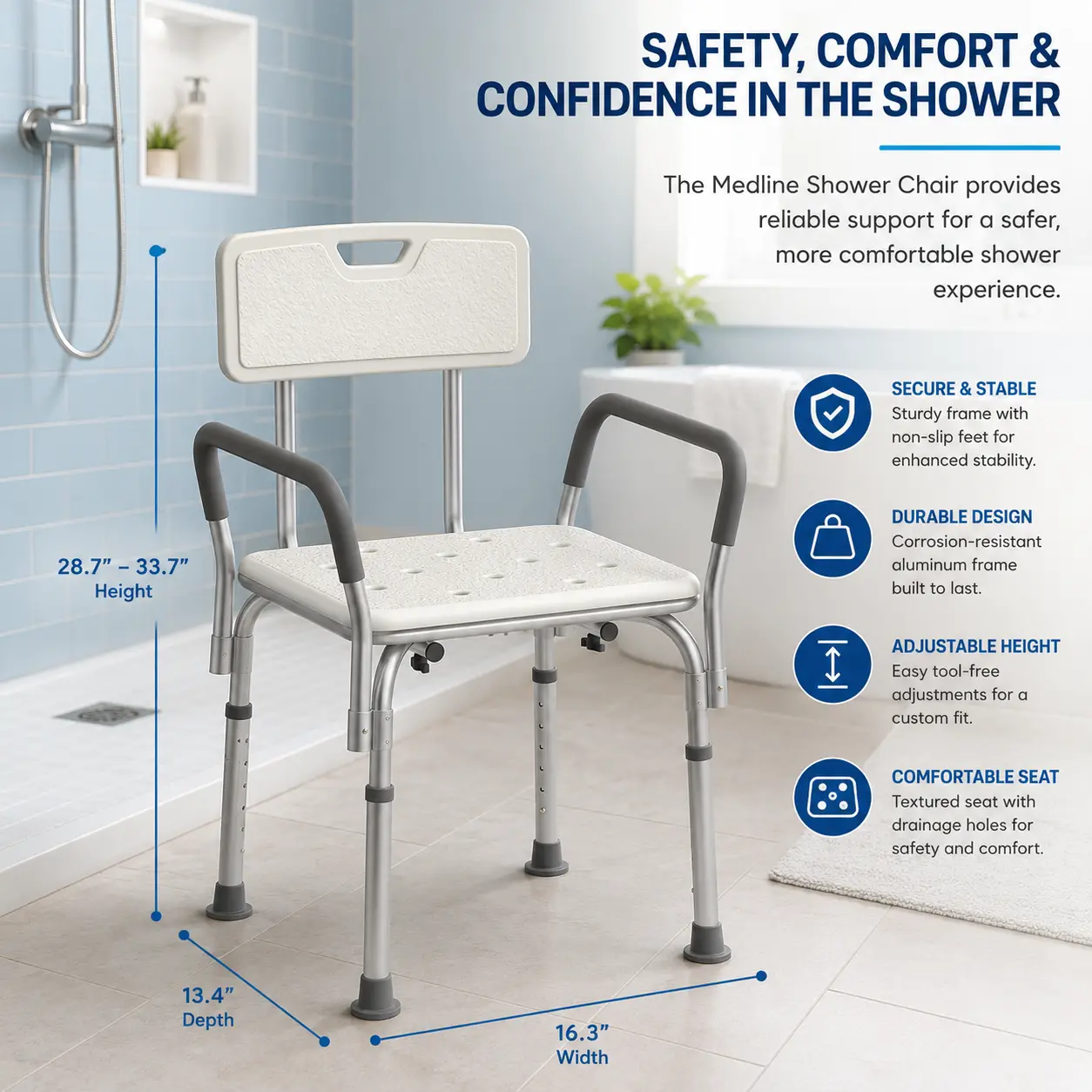 Backless Bathroom Shower Chair with Arm Supports for Stability - 350lb Capacity Accessibility Bench, Home Bathroom Supply for Disabled Adults with Support for Independent Daily Routine & Backless Freedom