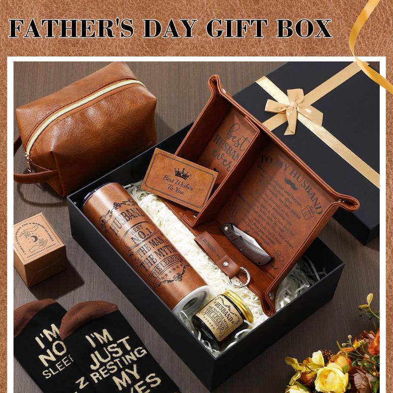 10 Pcs Valentine Gift for Men Dad Gift Set with Leather Tray Tumbler Toiletry Travel Bag Sock Scented Candle Wood Knife, Leather Gift Box From Son Daughter Wife for Father's Day Holiday Anniversary Birthday