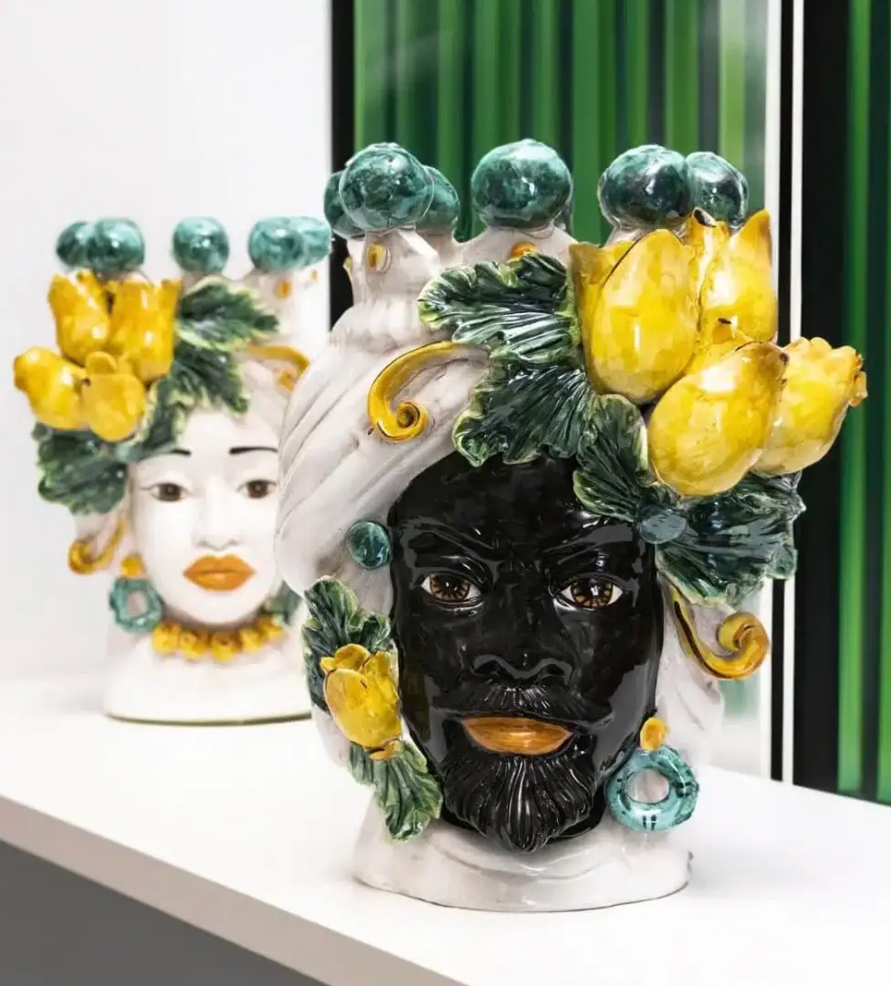 Moor's Heads Yellow Tulips Caltagirone Ceramic cm H.30 L.23 Handcrafted