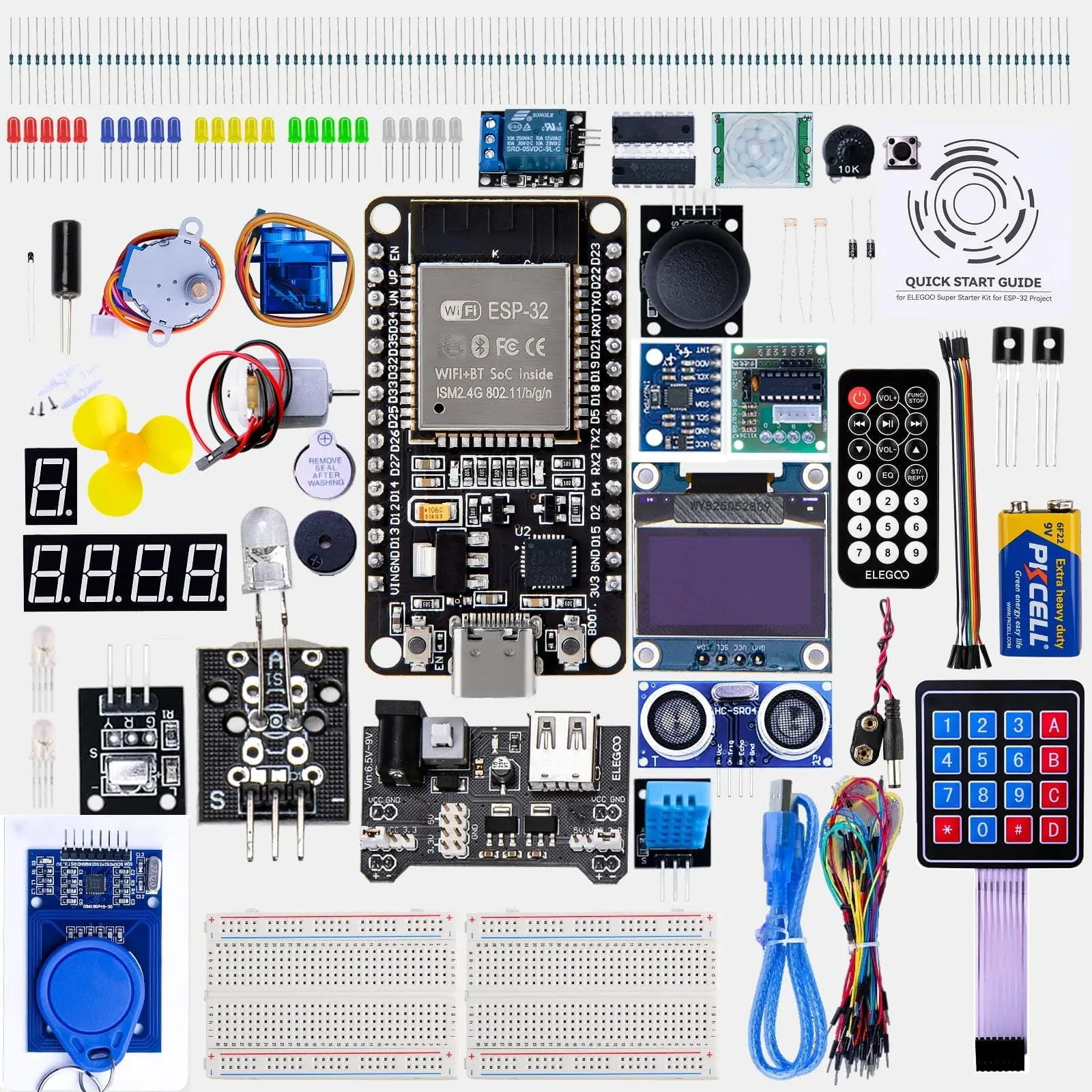 ELEGOO ESP-32 Super Starter Kit with Tutorial, USB-C Dual-Core Processor WiFi+Bluetooth SoC Microcontroller Board, CP2102 Chip, Motors, Sensors, LCD, Input Devices, AP/STA/AP+STA Support, Arduino IDE Compatible, Over 35 Electronic Parts Modules, Displays