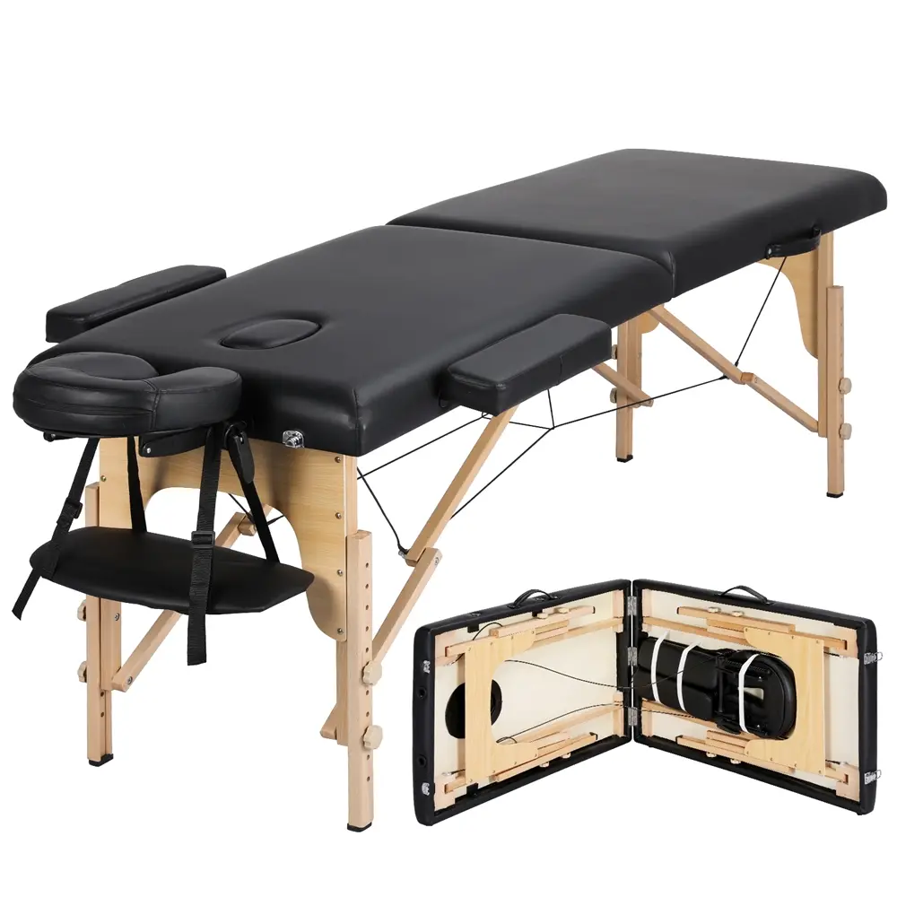 Yaheetech Adjustable Massage & Grooming Table, 2/3-Section Folding Portable PU Leather Spa Table with Headrest, Armrest, Hand Pallet, Ergonomic Beech Wood Frame for Salon Use, Adjustable Grooming Table