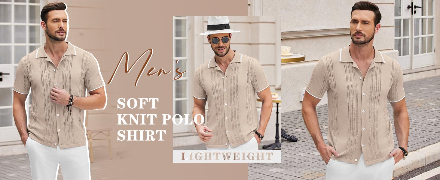 COOFANDY Men's Knit Button Down Shirt Vintage Short Sleeve Polo Shirts Casual Beach Tops Menswear