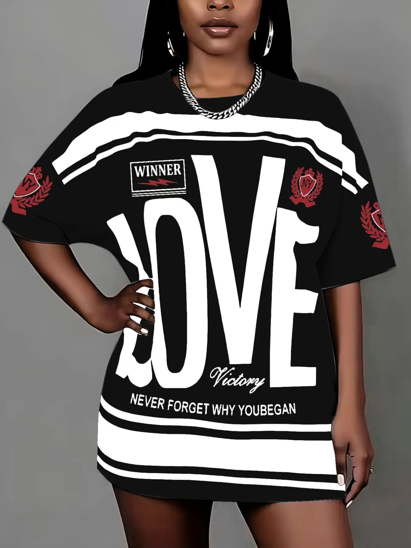 Plus Size Curvy Love Letter Graphic Print Oversized T-Shirt Dress, Vintage Streetwear Street Style Sporty Loose Fit Casual Short Sleeve Dress, Summer Home Night Out Vacation Wear, Tee, Womenswear