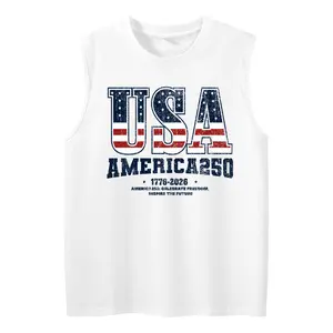 Men's 100% Cotton Patriotic America 250 Sleeveless T-Shirt, 1776-2026 USA Flag Graphic Muscle Tee, Vintage 4th of July Independence Day Casual Tank Top for Summer Outwear & Gym Workout