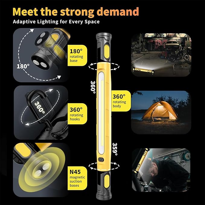Work Light, 3000LM Bright LED Work Lights, 5200mAh Rechargeable Magnetic Underhood Work Light with Hooks, Cordless Battery Powered Mechanic Light for Car Repairing/Inspection/Garage/Workshop/Emergency