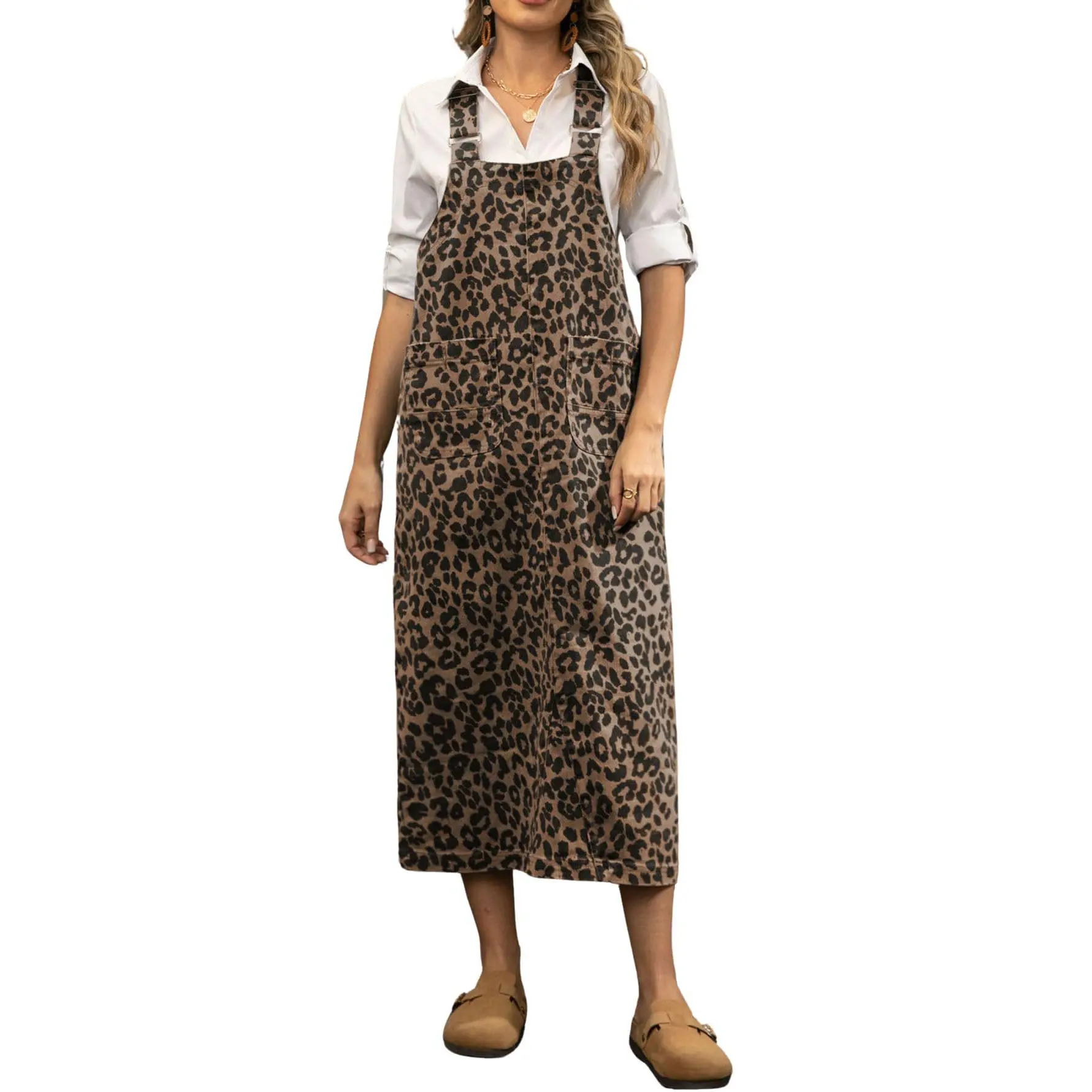 Chouyatou Women's Cute Leopard Cheetah Print Patchwork Denim Overalls Dress - Streetwear Ready Sleeveless Strappy Jean Jumper, Adjustable Straps, Loose Western Fit, Vintage Army Style, Soft, 2 Distressed Side Pockets, Mid Length, Plus Size XS-XXL