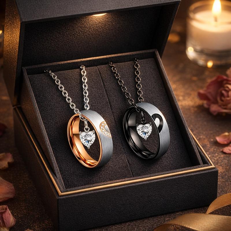 September  Couple Necklace Set with Matching Split-Heart Ring Pendants for Him & Her, Interactive Design, Minimalist Commemorative Jewelry, Valentine’s Day & Birthday Gift for Girlfriend and Boyfriend
