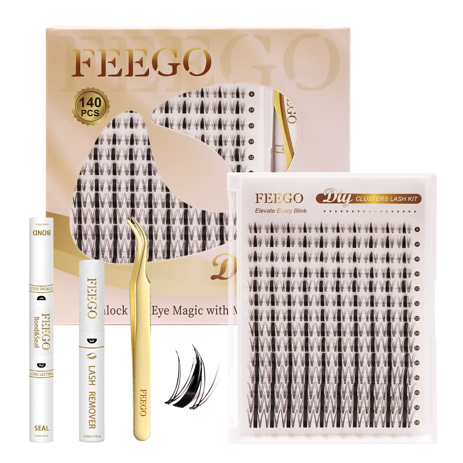 feego 140 Pcs DIY Eyelashes Extensions Kit with Waterproof Bond & Seal, Soft Wispy C Curl Lash Clusters with Invisible Band, 8-18mm Mixed Tray, Cosmetic, Diy Eyelash Clusters