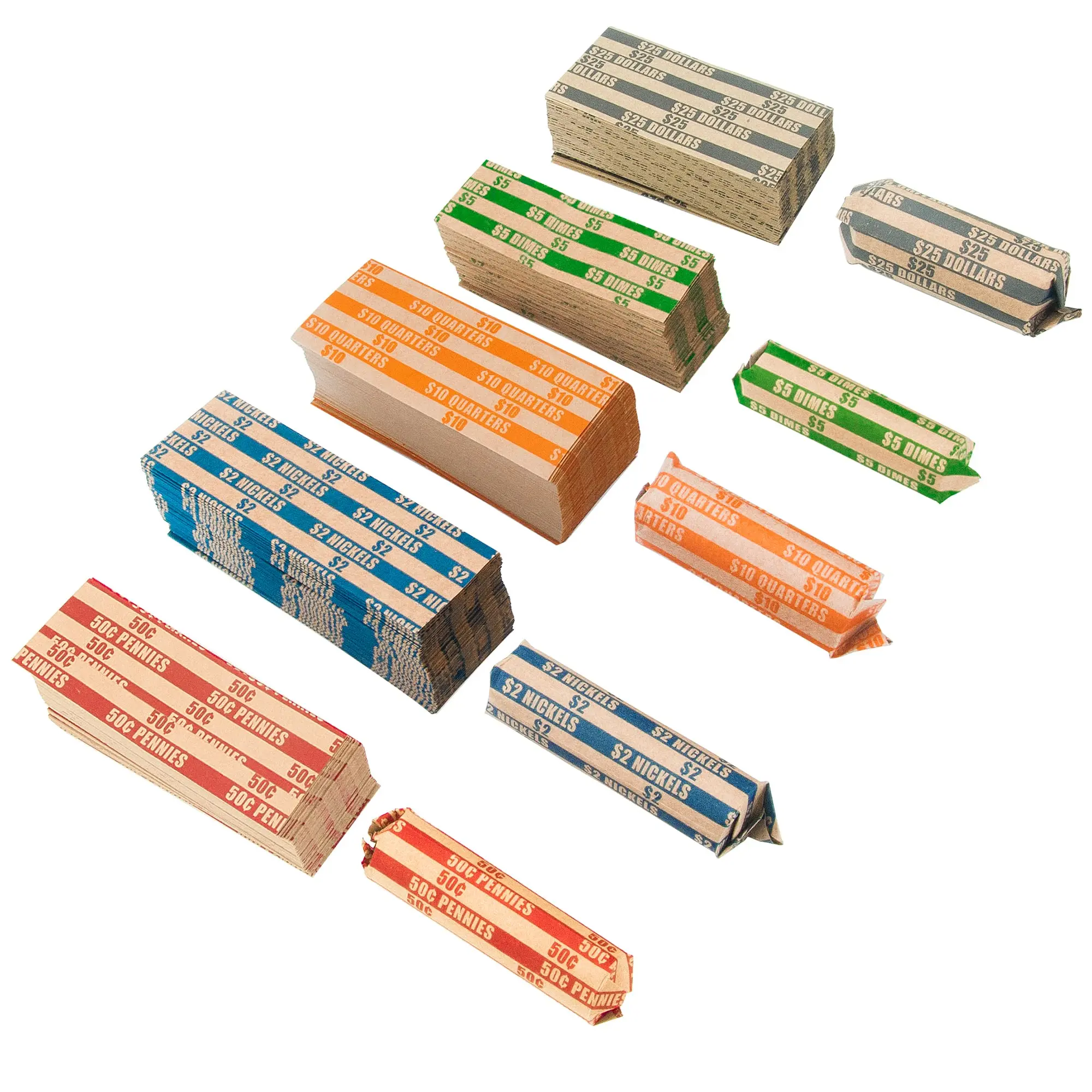 L LIKED Assorted Set Flat Striped Coin Wrappers, 375-Count Bundle for Businesses (75 Each: Penny, Nickel, Dime, Quarter, Dollar)
