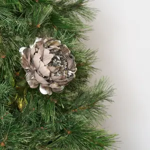 Silver Holiday Peony with Glittered Edges and Green Metallic Leaves - 24"