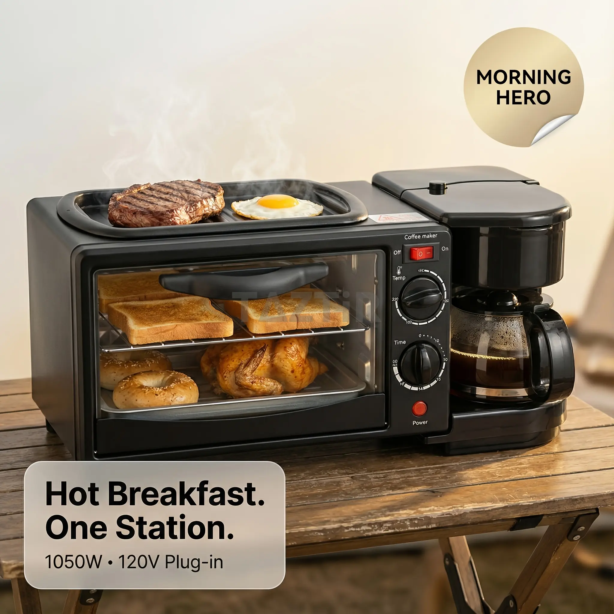 TazTir 3 In 1 Breakfast Maker Station Non-stick Pancake Cooking Pan 5 Cup Coffee Maker Coffee Percolator 4 Slice Toaster Oven Built In Timer tray Coffee Bar Station Holiday Gift For Apartments Kitchenettes