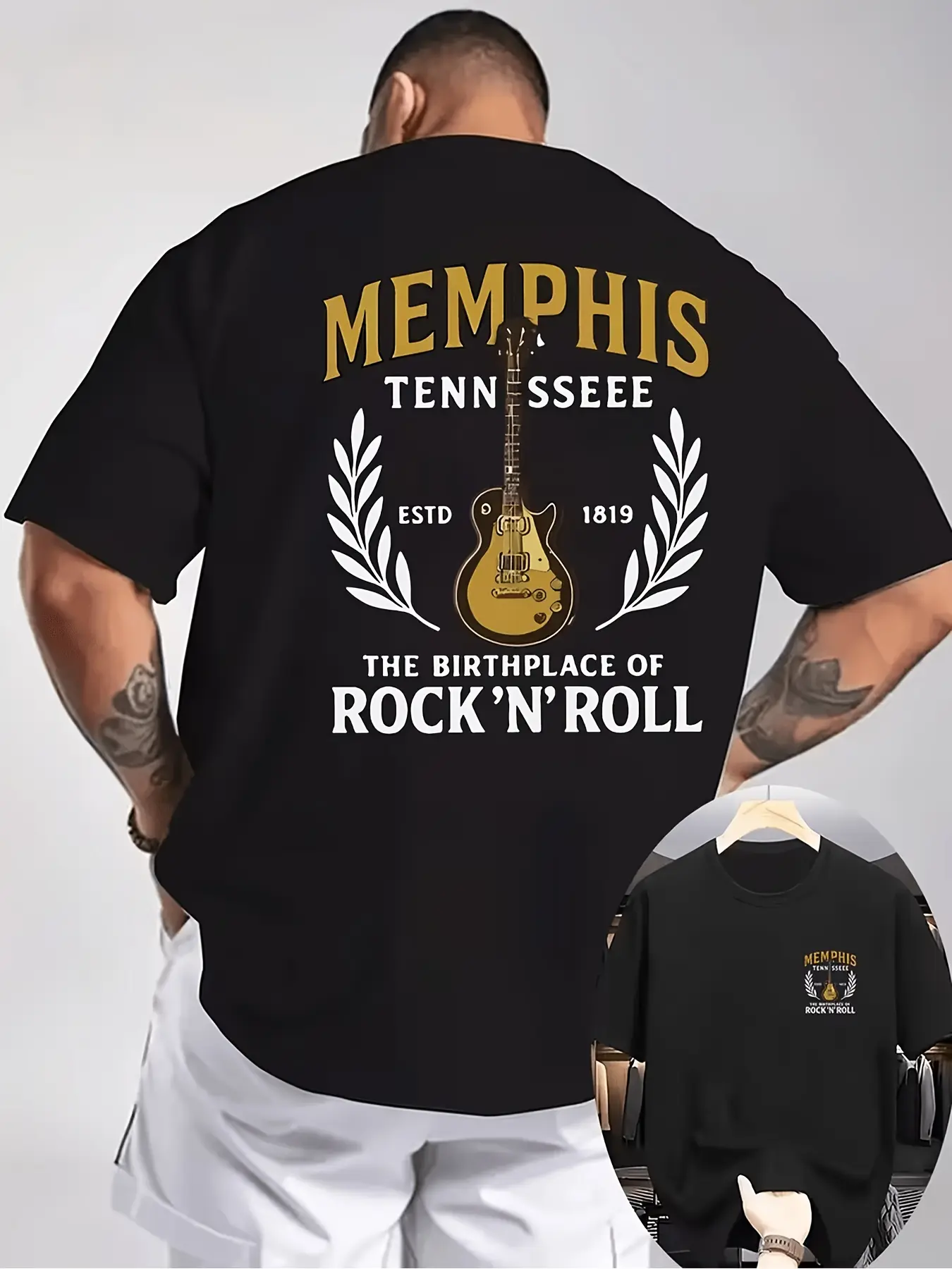 Men's Plus Size 2XL Polyester Short-Sleeve Crew Neck Graphic Tee - Memphis Guitar Random Print, Slight Stretch Knit Top, Casual All-Season Wear for Music Lovers, Dry Clean, Great Mother's Day Gift, Great Gift For Mother's Day