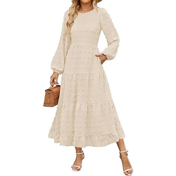 ZESICA Women's 2026 Fall Long-Sleeve Swiss Dot Tiered Flowy A-Line Maxi Dress, Crew Neck, for Wedding Cocktail Parties