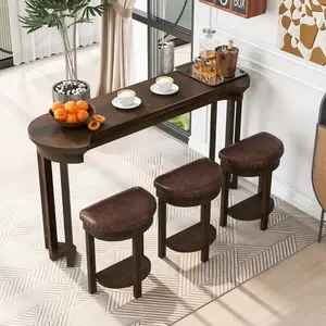4 Piece Bar Table Set with 3 PU Upholstered Bar Stools, Solid Wood Counter Height Dining Table, Breakfast Table with Padded Stools for Living Room, Dining Room, Kitchen, Space-Saving Modern Bar Set