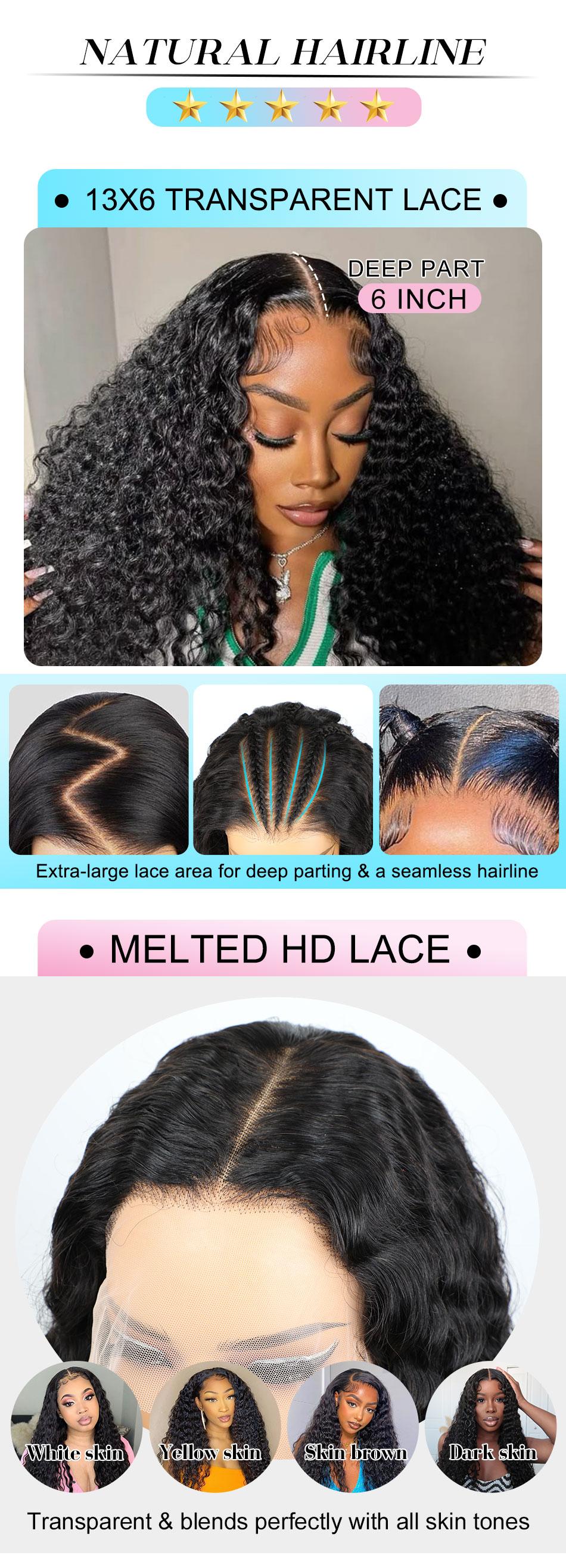 MOREFACE 13*6 Deep Wave Transparent Lace Front Human Hair Wig Kinky Curly Wigs Afro Curly PrePlucked with Baby Hair